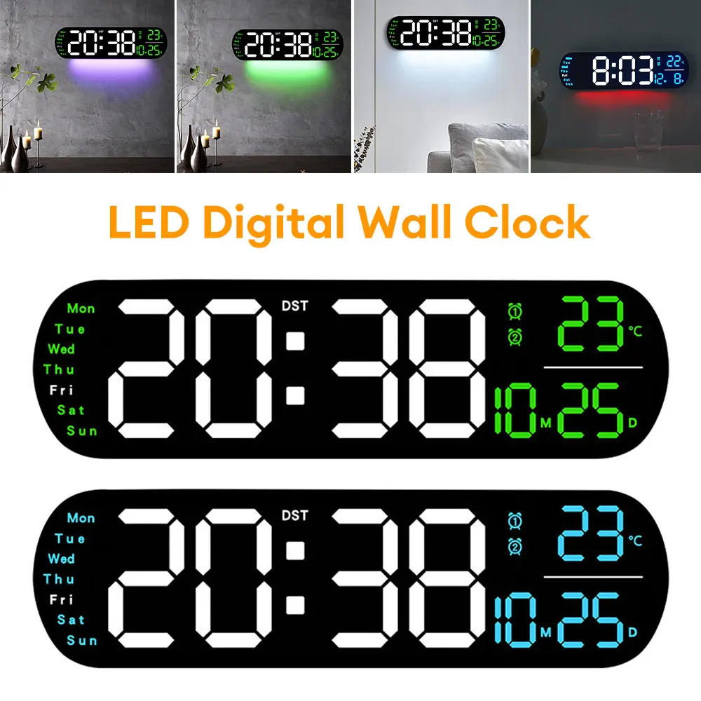 

Digital Wall Clock Date Week Temperature Display Remote Control LED Alarm Clock Countdown Up Timer Function Color Changing Clock