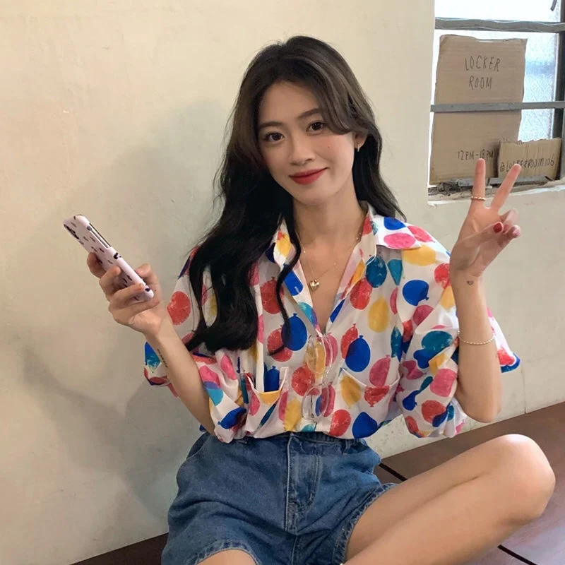 

Women Vintage Short Sleeve T-Shirt Colorful Dots Printed Blouse Loose Lady Korean Japanese Trendy Casual Aesthetic Summer Top