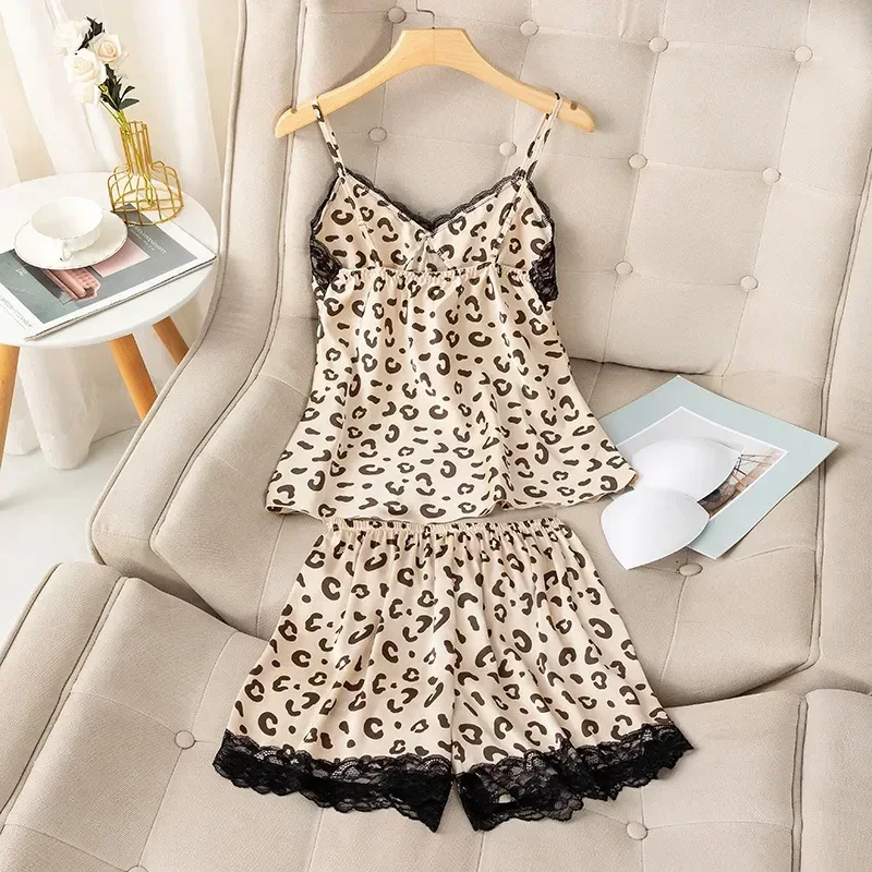 

Casual Pajamas Lace Print Womens Satin Home Sleep Clothes Set Sexy Strap Sleepwear Summer Top&shorts Suit Nightwear