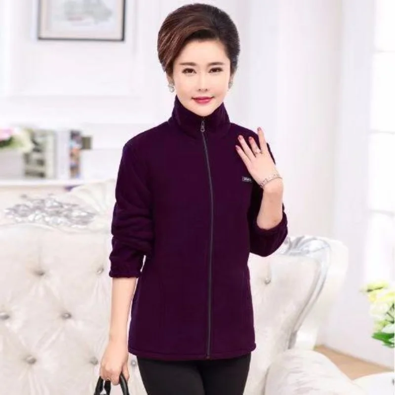 Mom Outfit Spring and Autumn New Stand Collar Tops Solid Color Zipper Splicing Pockets Loose and Casual Warm Long Sleeves Coat