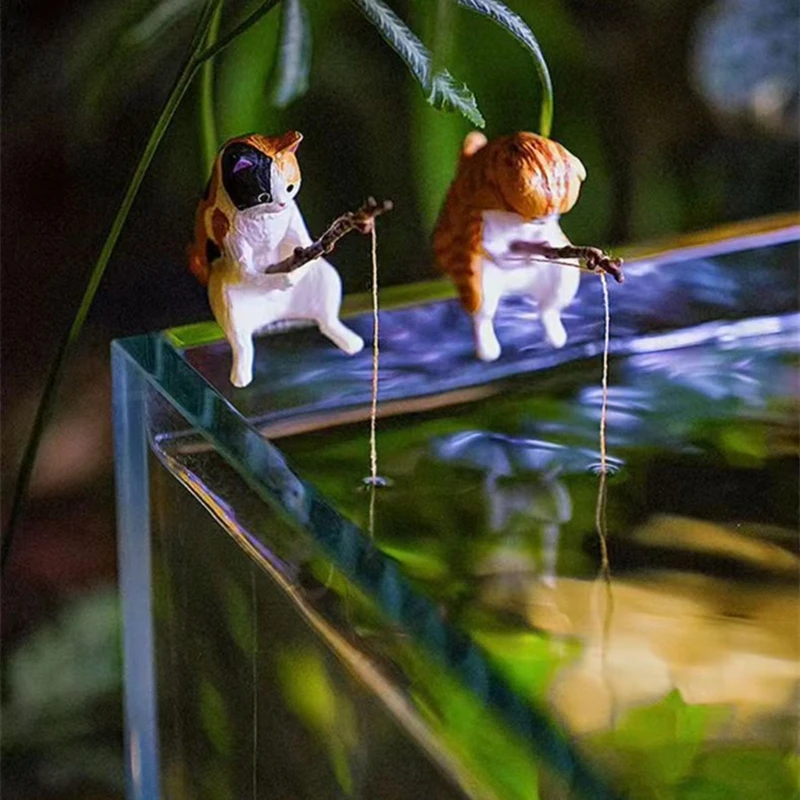Ornament Crafts Fish Landscaping Fishing Cat Mini Resin Figurine Cartoon Cat Statue for Home Office Aquarium Decoration