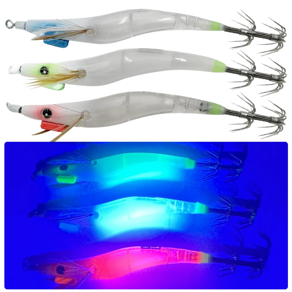 Fishing Lure Luminous Hard Shrimp Bait Simulation with Squid Jig Hook UV Wood Egi for Octopus Cuttlefish