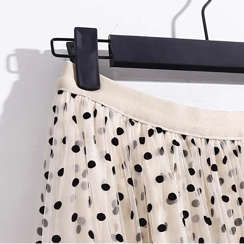 Flocking Polka Dot Pleated Tutu Tulle Skirt High Waist Long Ladies