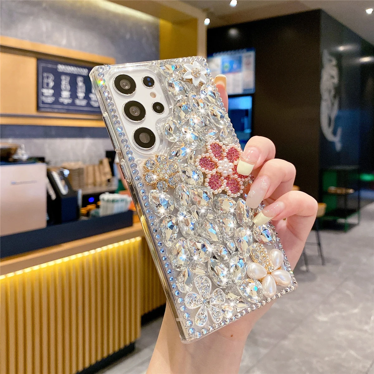 Phone Case Bling Pink Pearl Flower Case For Samsung Galaxy S25 S24 Ultra S23 S22 S21 Plus Note 20 Glitter Rhinestone Silver Diamond Cover