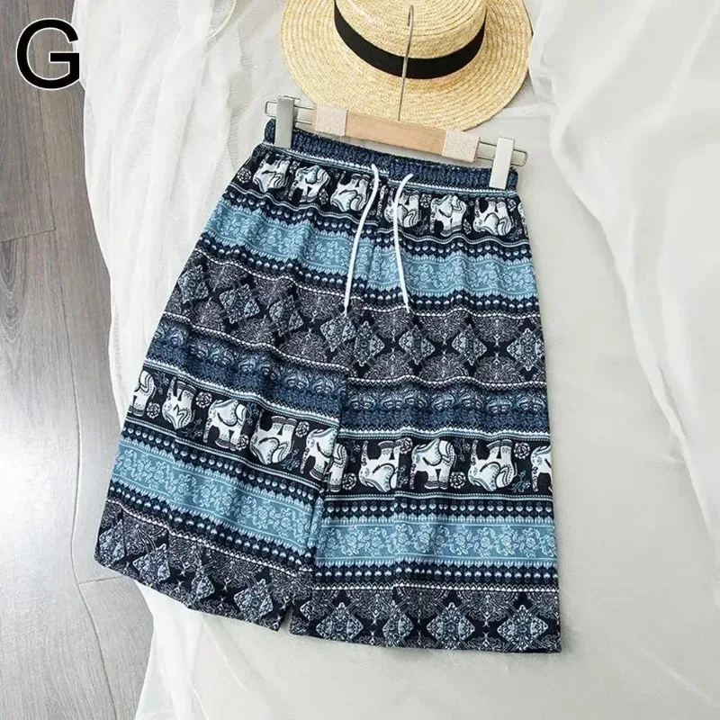 Boho Women Wide Leg Shorts High Waist Elephant Print Pant Thin Straight Trousers Casual Bottoms Female Clothing
