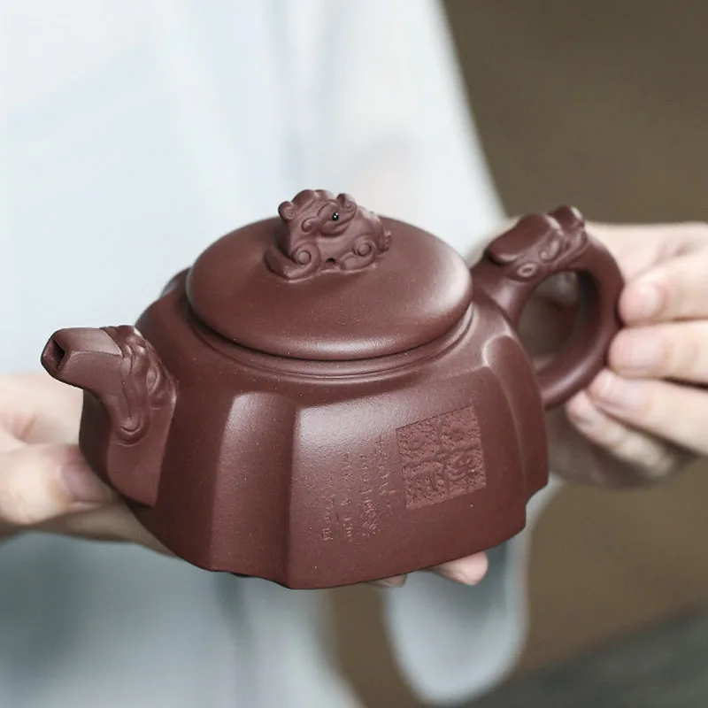 Handmade Chinese Kongfu Tea Pots, Dragon Head Four Square Tea Set , Zisha Segment Mud Flat Yixing Purply Clay Teapot, 300ml, 1Pc