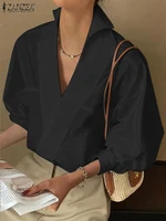 ZANZEA Fashion Lapel V Neck Shirt Women Puff 3/4 Sleeve Blouse Office Casual Loose Solid Color Tops 2024 Summer Street Tunics - Image 2