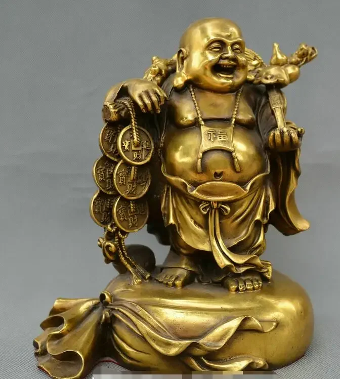 

Cina Fengshui Tua Perunggu Maitreya Buddha Memilih Uang EMA Moneybag Patung