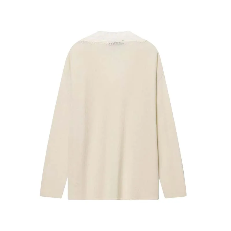 Chic Autumn Knitted Pullover Women Elegant Lace Splicing V neck Sweater Fashion Casual Long Sleeve Female Elegant Knitwear Top