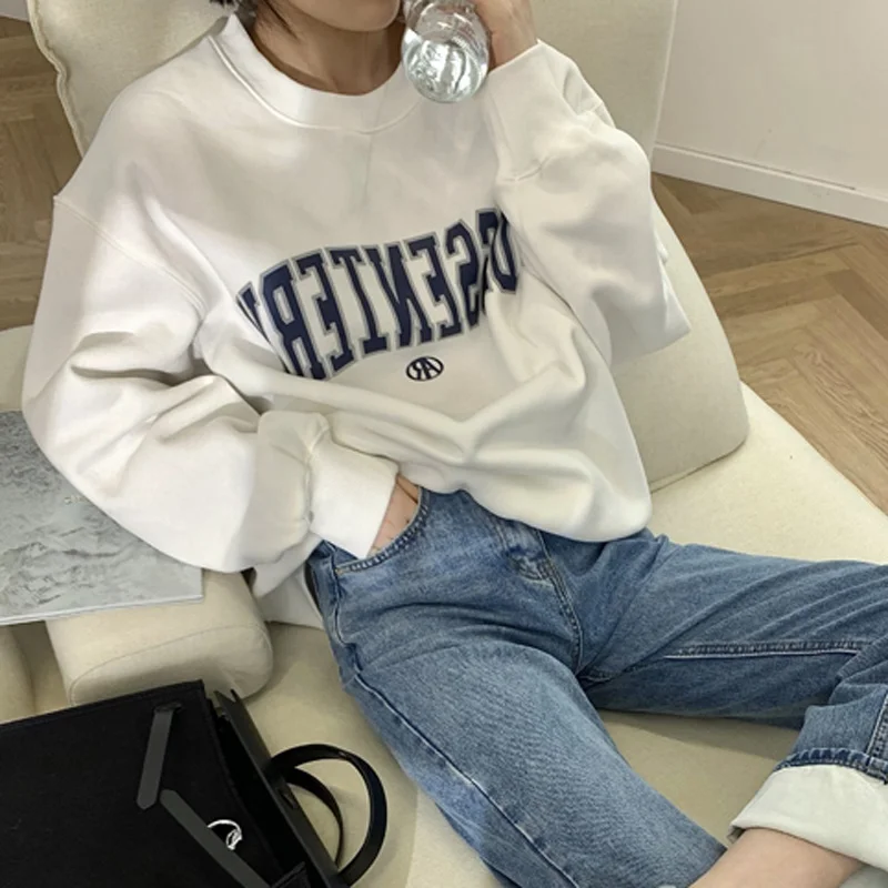 플러스 사이즈 후드티 긴팔 기모 안감 레터 프린트 여성용 봄 가을 레이지 스타일 캐주얼 루즈핏 인스 코튼 폴리에스터 혼방