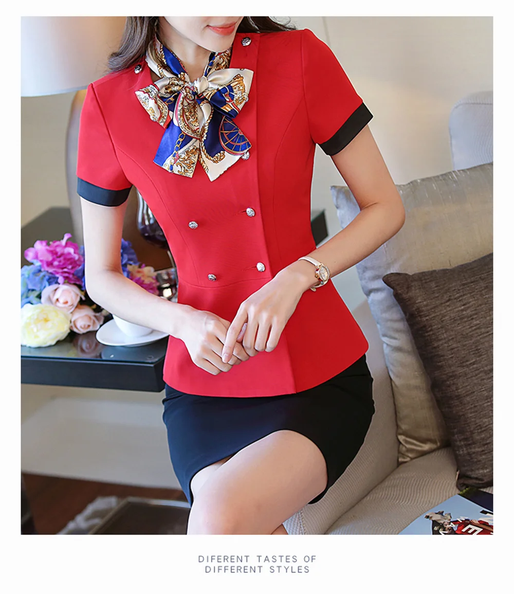 Elegant Women's Suit Red Bule Formal Short Sleeve Blazer With Skirt Suit Office Ladies Professional Work 2 Pieces Dresses Sets
