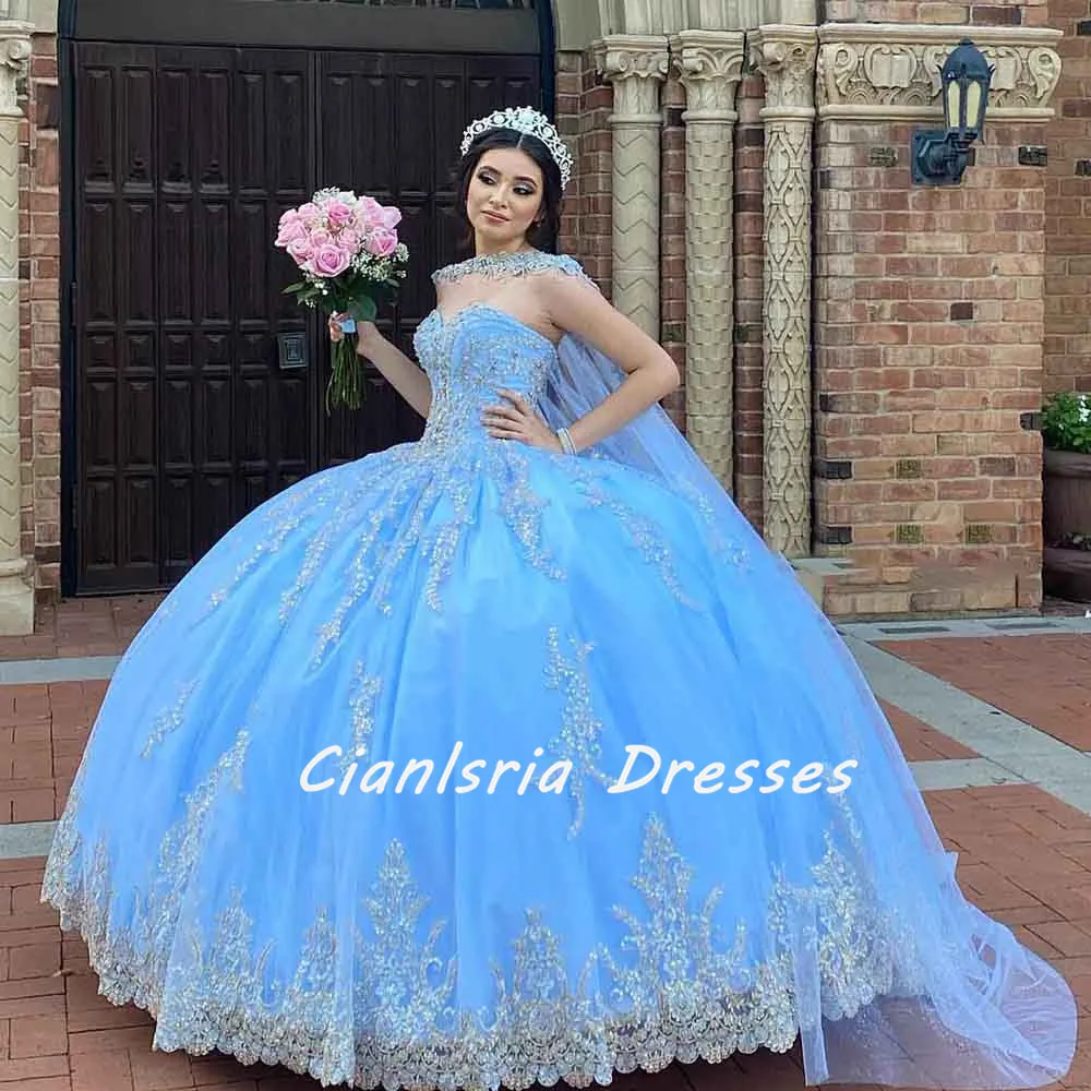 

Luxury Blue Quinceanera Dress With Caped Lace Beaded Princess Prom Dresses 2022 Floor Length Dubai Mexican Sweet 16 Party Dress