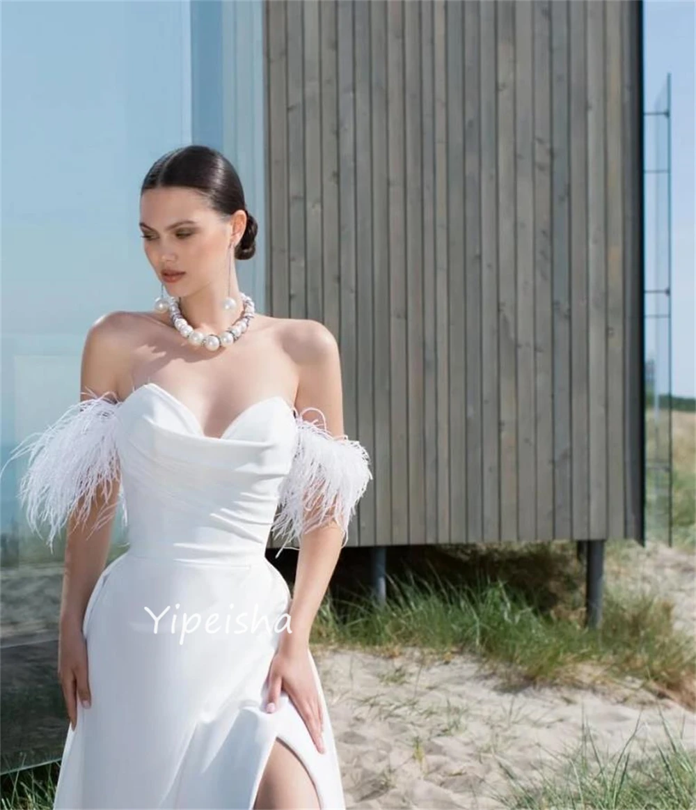 Yipeisha Exquisite High Quality Off-the-shoulder Ball gown Feathers Draped Floor length Charmeuse Evening Dresses