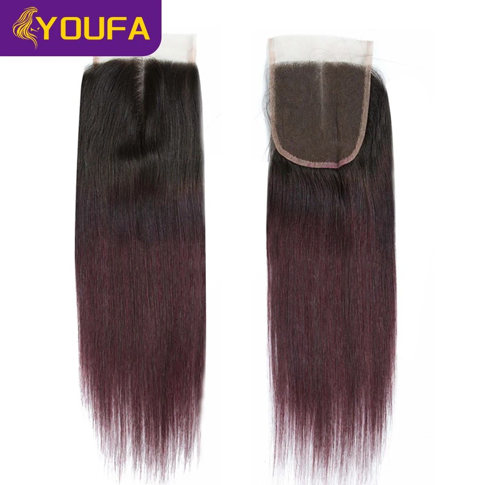 YOUFA 1B 99J 4x4 Swiss Lace Closure With Baby Hair 1 Pc 100% Human Hair Closure Ombre Dark Burgundy Transparent Lace Closures