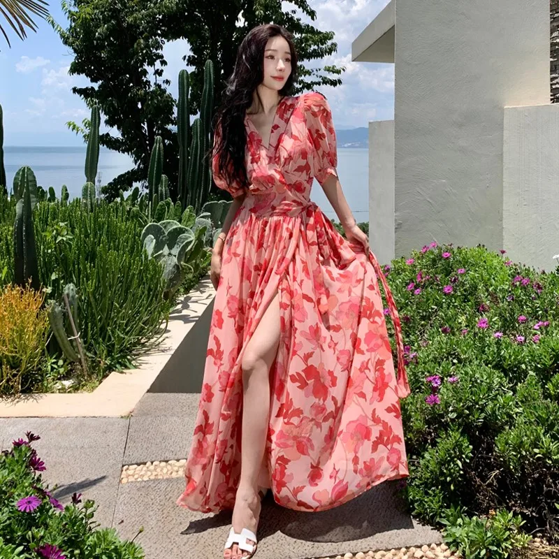 

New Tea Break Gentle Floral Dress Women's Chic Seaside Holiday