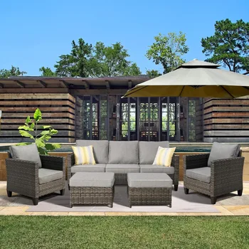 Patio Furniture Set, 5 Pieces Outdoor Wicker Rattan Sofa Couch with Ottomans and Comfy Cushions, All Weather High Back 1