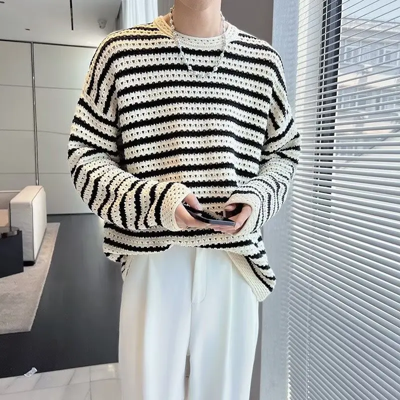 Black and White Striped Hollow Sweater Men's Women's Japanese Style Long Sleeve Bottoming Shirt Pullover Sweater vintage sweater