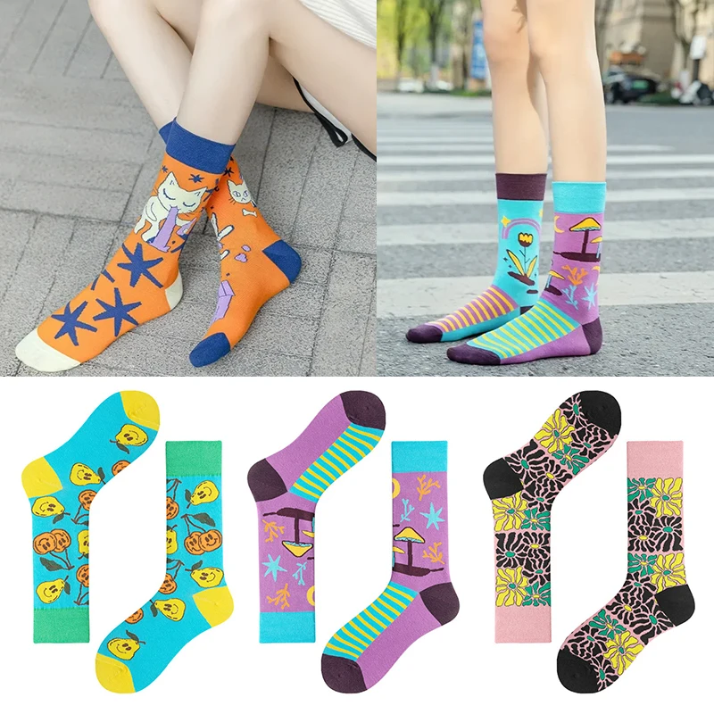 Модные Асимметричные хлопковые носки для женщин и мужчин, носки с цветным принтом AB в стиле Харадзюку, Длинные забавные носки унисекс, женские носки