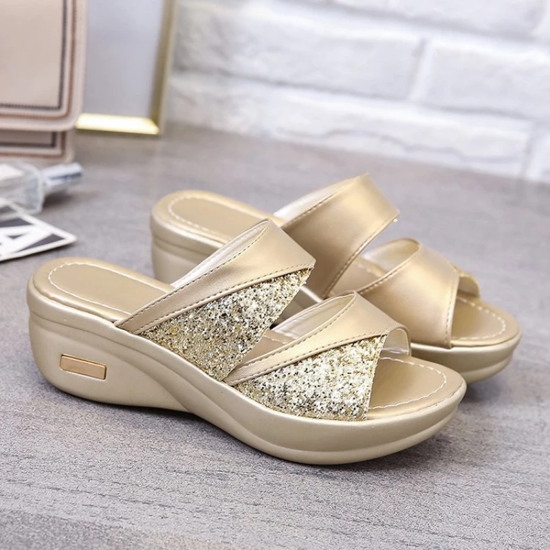 

Trend Summer Gold Open Toe Sandal Dress Shoes Womens High Heels Sandals Platform Wedges Heeled Pumps Ladies Shoes Plus Size 42