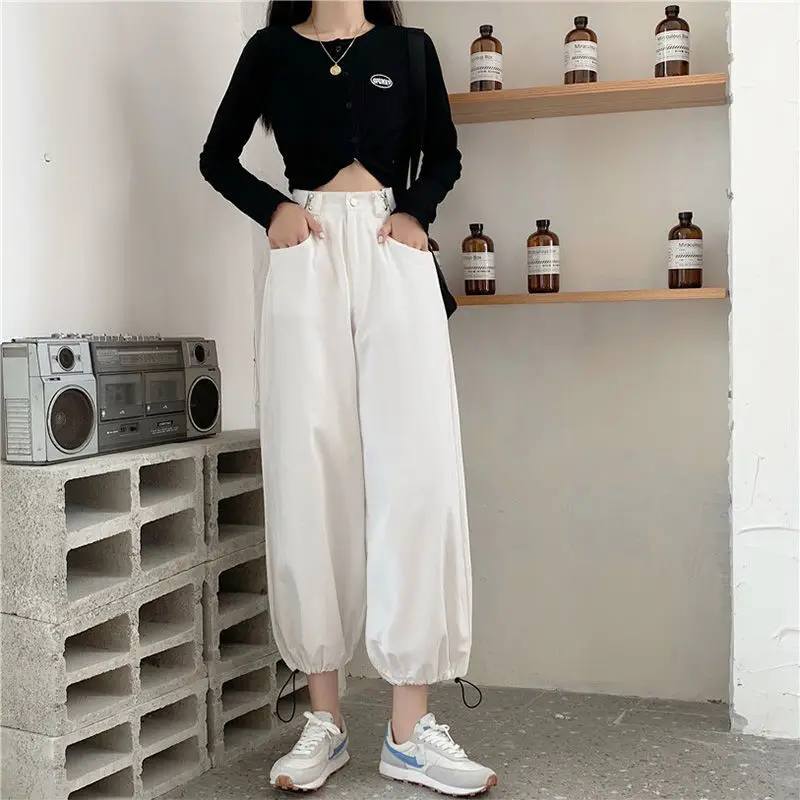 Women's Spring Summer Pockets Solid High Waist Button Zipper Sports Casual Wide Leg Strap Bandage Lantern Trousers Vintage Pants