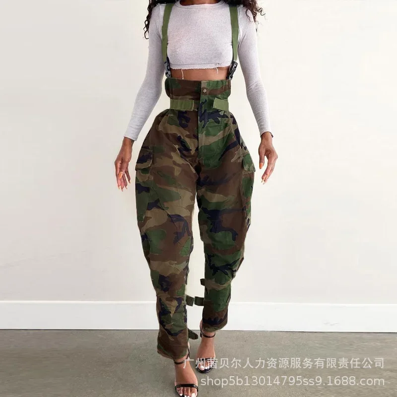 

One Piece Outfit Women 2023 New Green Camouflage Suspenders Jumpsuit for Women