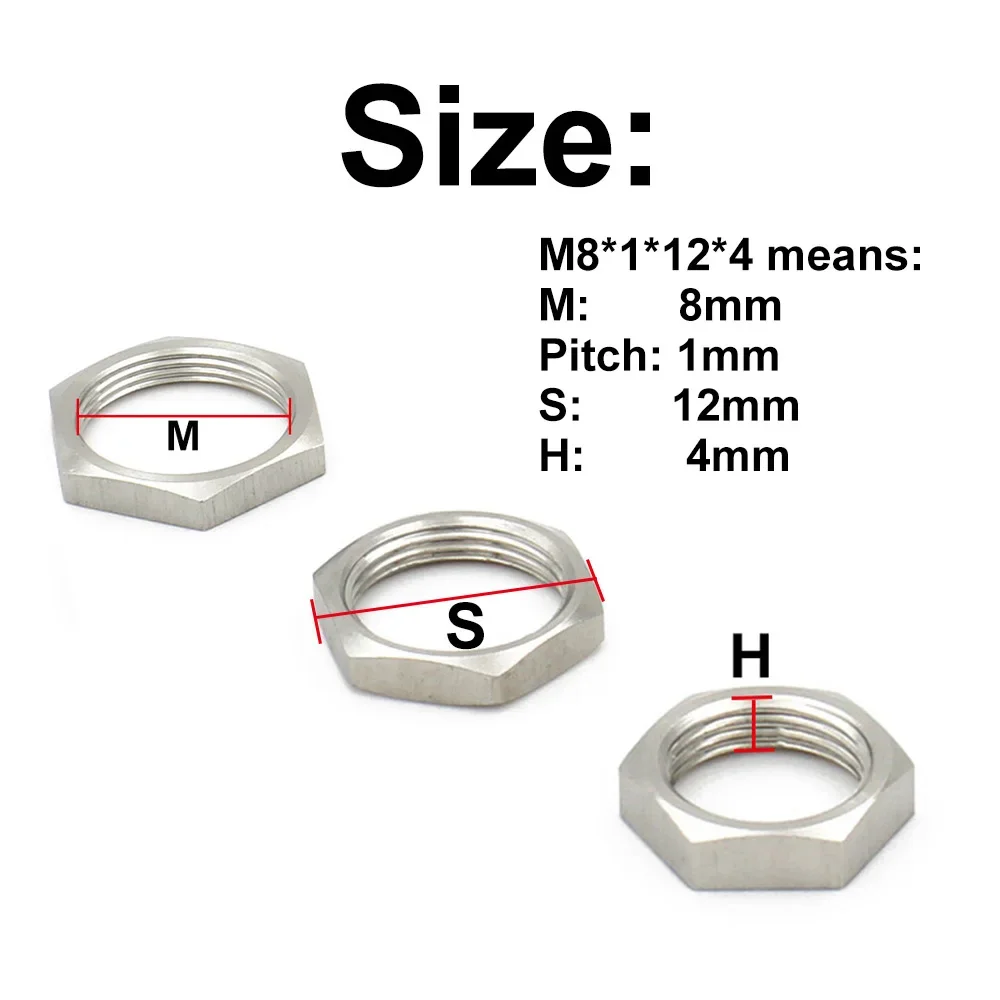 304 Stainless Steel Hex Lock Nut 5pcs M8-M40 Pipe Fitting Pitch 1mm 1.5mm Metric Female