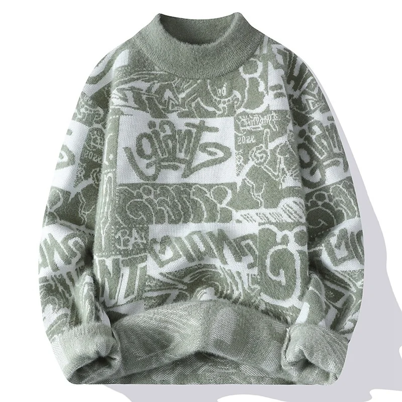 

#5838 Teenagers Mohair Sweater Men Warm Letters Knitted Sweater Male Long Sleeve Streetwear Hip Hop Swearter Male Knitt Winter