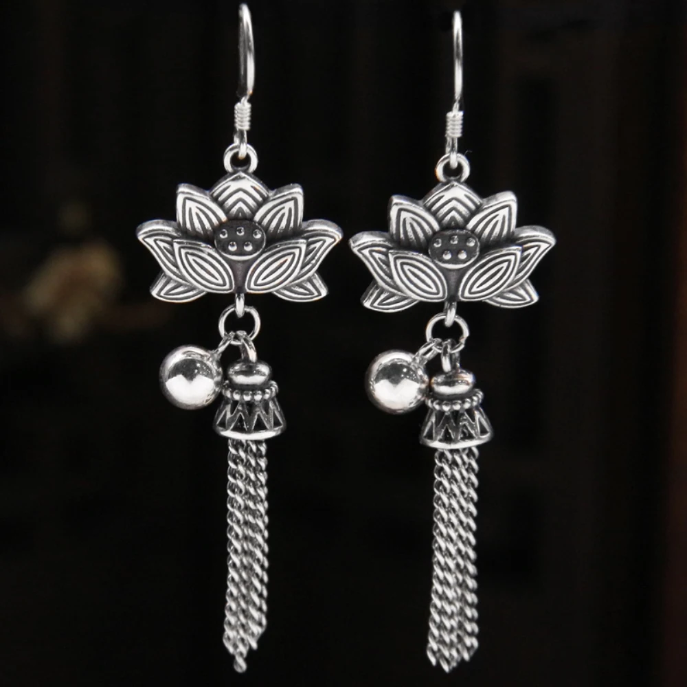 

Real Solid S925 Sterling Silver Lucky Lotus Flower Tassels Dangle Earrings Women Men Gift