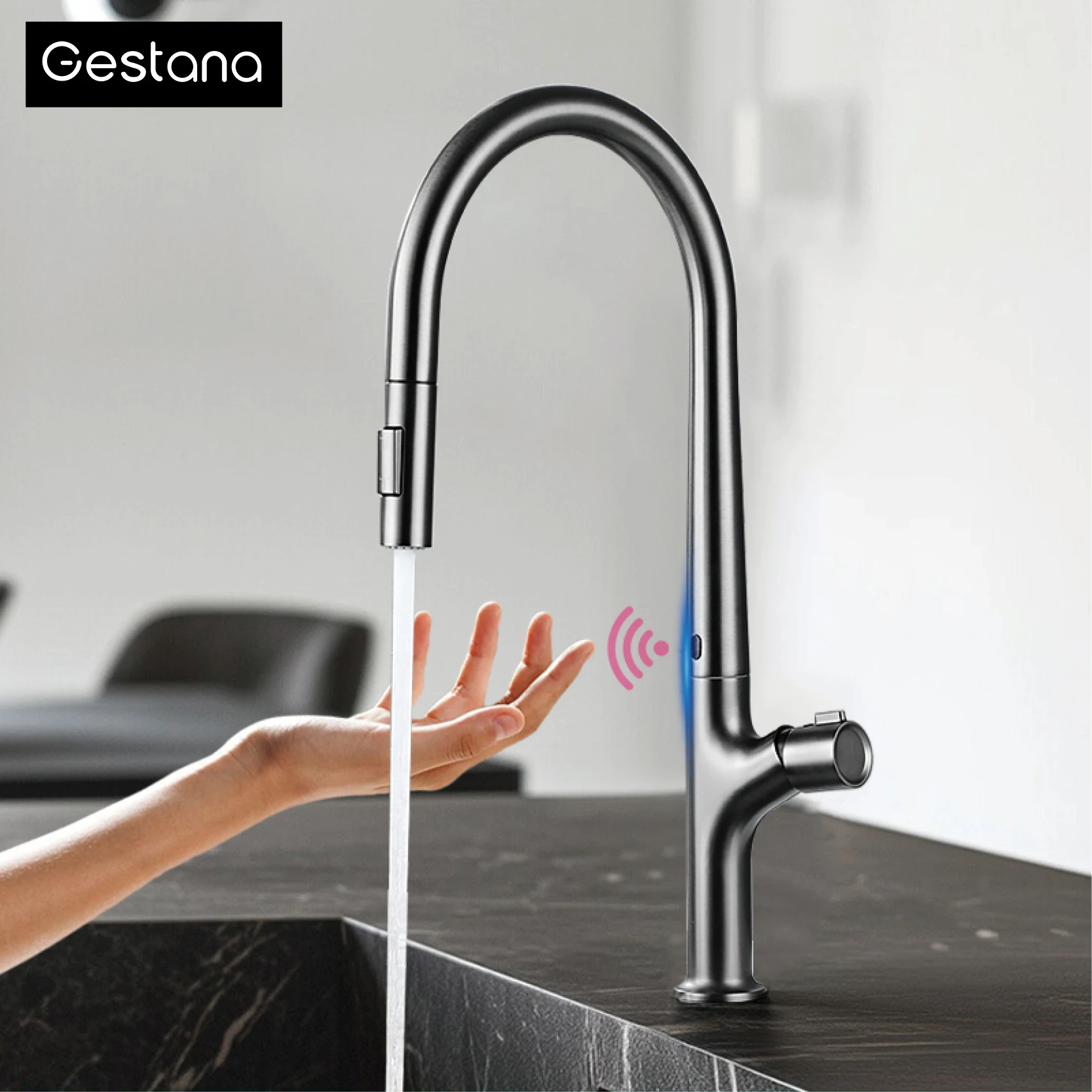 Modern style gun gray pull-out kitchen faucet with 1 handle for hot&cold water intelligent sensing and 2 functions for sink Tap 1