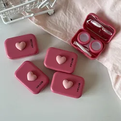 Charming Pink Heart Contact Lens Case with Tweezers - Stylish and Portable Solution (Dark pink)