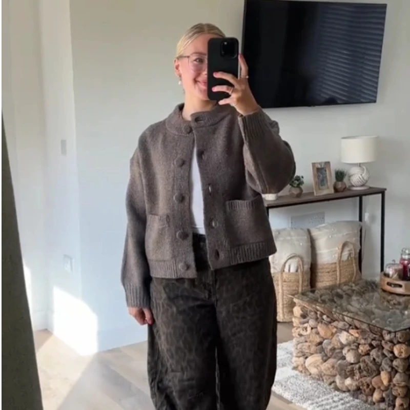 Casual Gestrickte Oansatz Strickjacke Frauen Vielseitig Solide Einreiher Taschen Pullover Weibliche 2025, Herbst Chic Straße Strickwaren – Detail 19