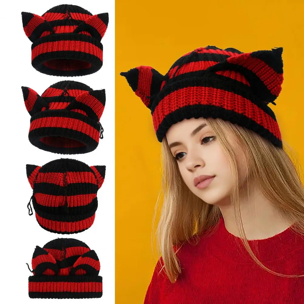 Devil Ear Knit Hat Warm Stylish Women's Winter Hat with Demon Ear Design Thick Knitted Beanie for Cold Weather for Outdoor
