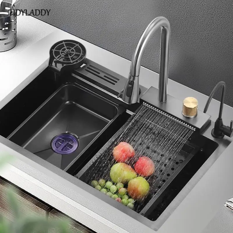 

Stainless Steel Kitchen Waterfall Sink Large Single Sink Dish Basin Sink With Cold and Hot Controlled Faucet