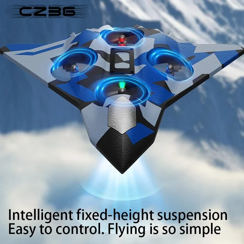 Avion RC CZ36 Bleu en gros plan, avec batterie USB et détails du cockpit
