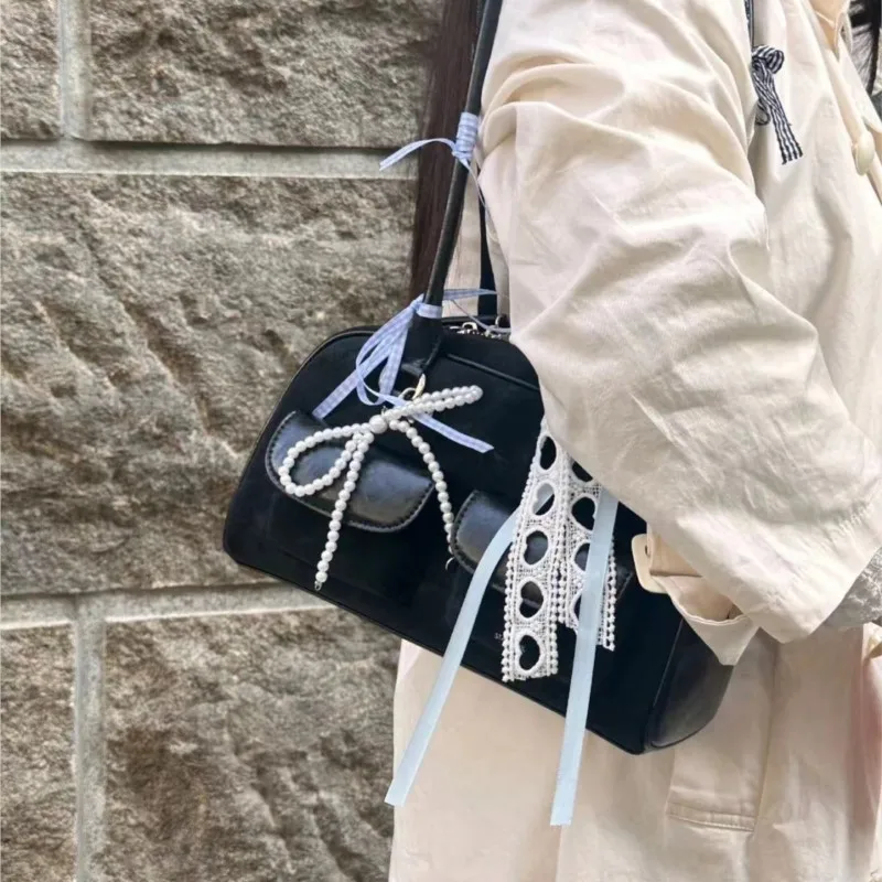 JIAERDI Vintage Black Bowling Bag Handbag Women New Leather Pocket Chic Casual Shoulder Bags Female Retro Underarm Bag Aesthetic