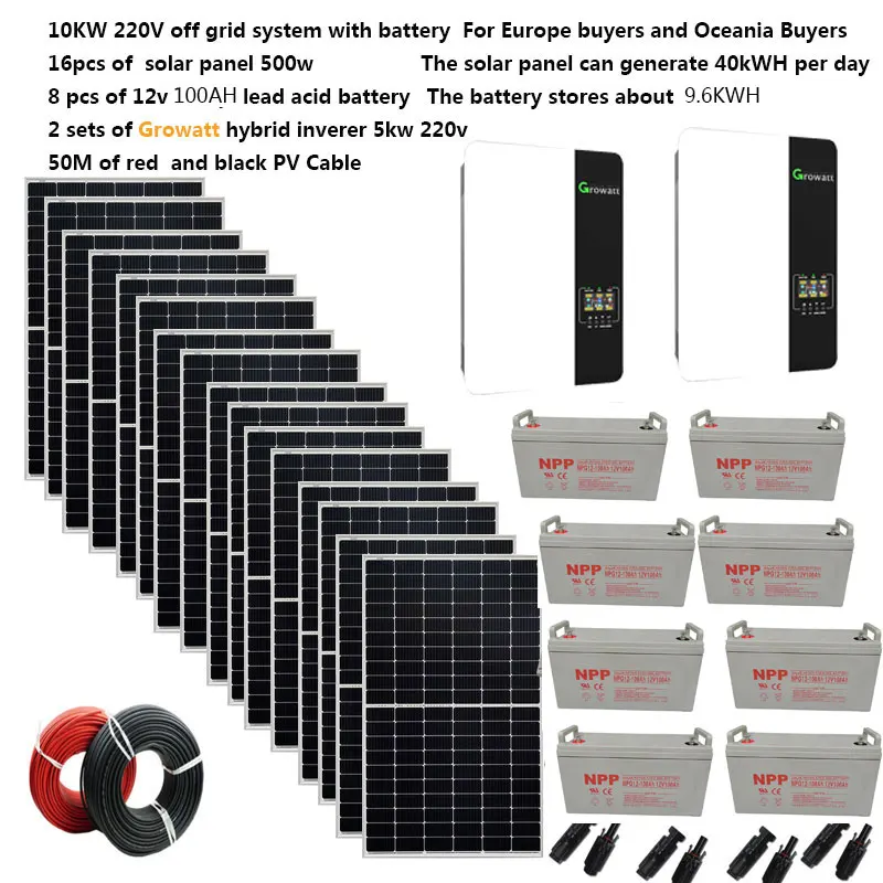 Kit Pannello Solare Completo 10000W 10Kw 220V 110V Caricabatteria Off Grid Growatt Hybrid Inverter Home Villa Farm 8Hp Heater Farm