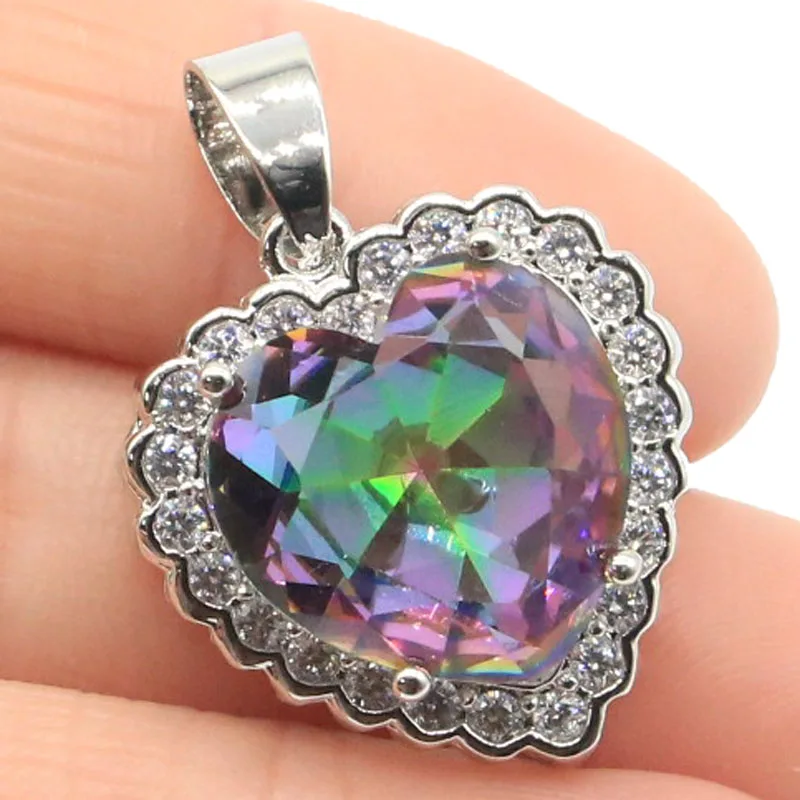 

6g 925 SOLID STERLING SILVER PENDANT Heart Shape Charming Fire Rainbow Violet Mystical Topaz White CZ High Trendy Polished