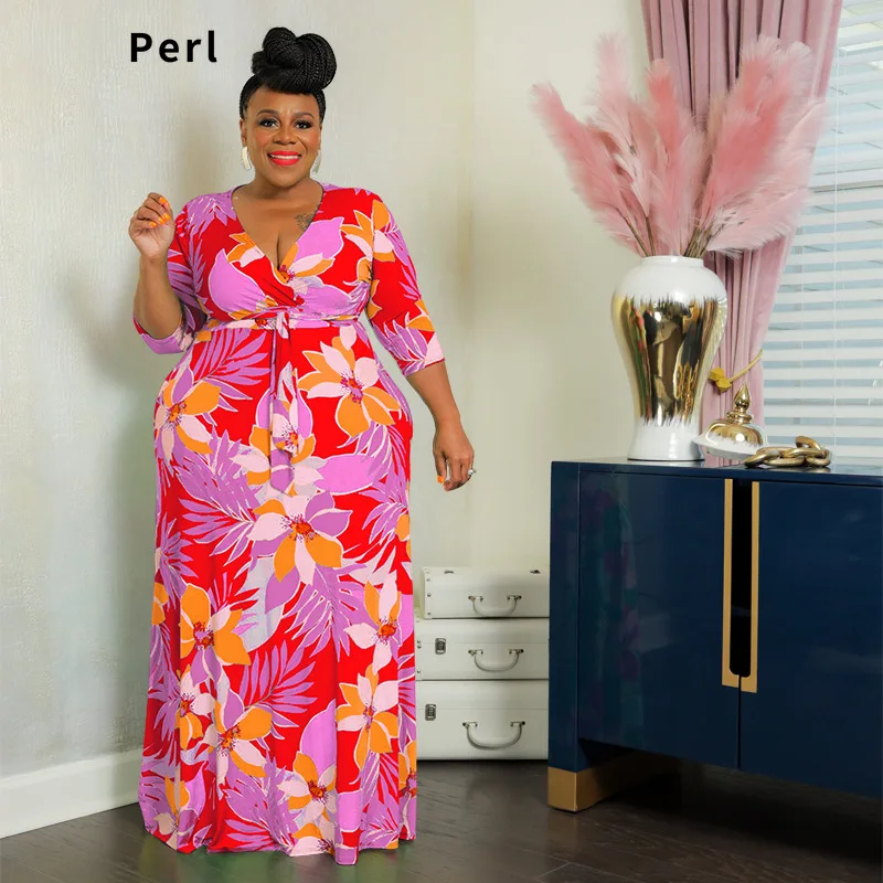 Perl Deep Vneck Print Dress High Waist Matching Family Outfit Plus