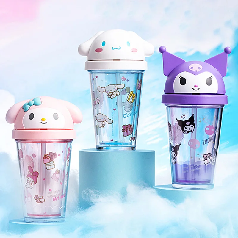 

Кавайная чашка для воды Sanrioed Melody аниме Kuromi Cinnamoroll мультяшная соломенная чашка с откидной крышкой 320 мл прозрачная трехмерная бутылка