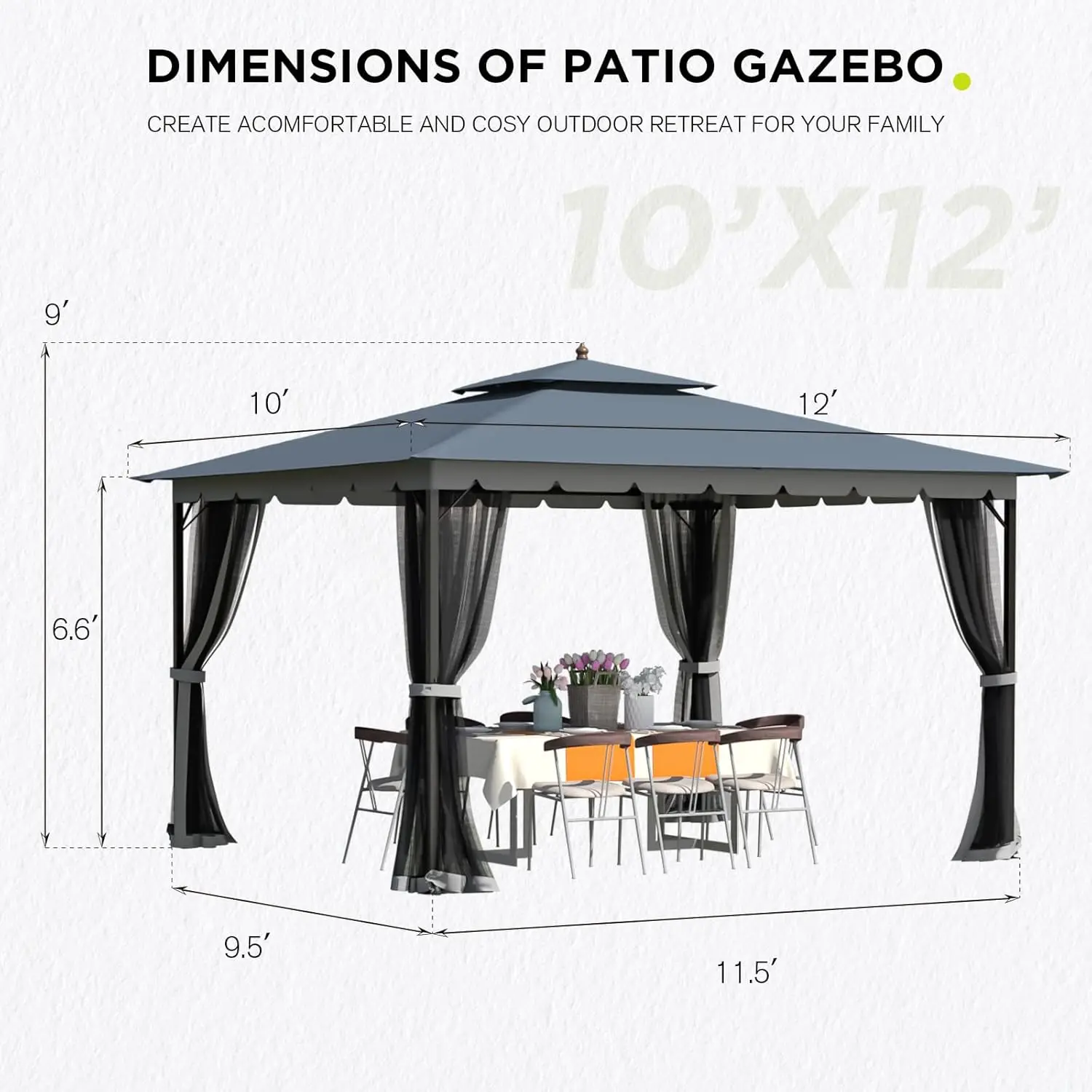10x12 Gazebo with Mosquito Netting Sturdy Metal Outdoor Patio Gazebo[Heavy Duty Frame] Gazebos Canopy Tent with Dual Air Roof 4