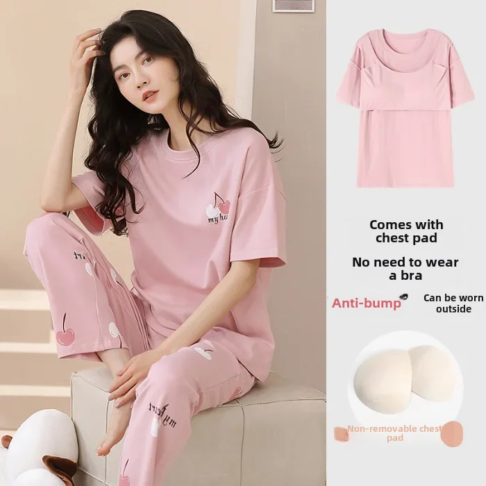 طقم بيجامة نسائي لربيع وخريف وسادة صدر وأكمام قصير...