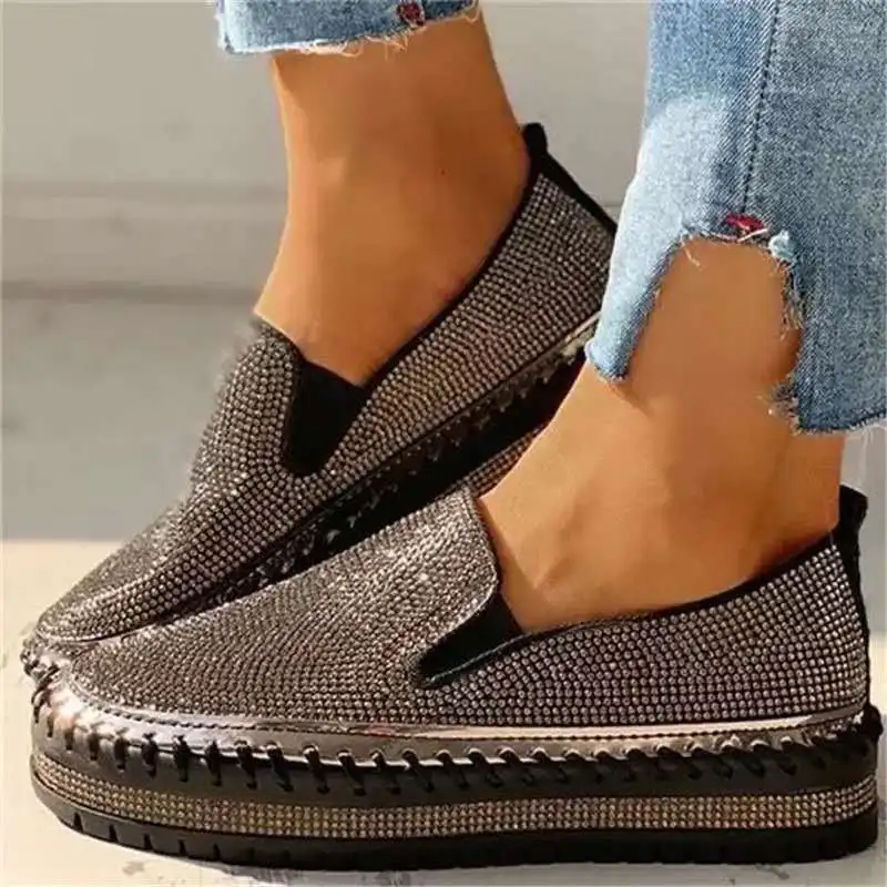 Women's Fashion Shoes Spring Flats Rhinestone Bling Sewing Platform Loafers Luxury Shoes Casual Comfortable Female