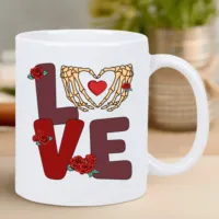 Retro Valentine's Love Ceramic Coffee Mug – Reusable, Hand-Wash Only, White with Skeleton Hands & Roses Design – Perfect Gift fo 2