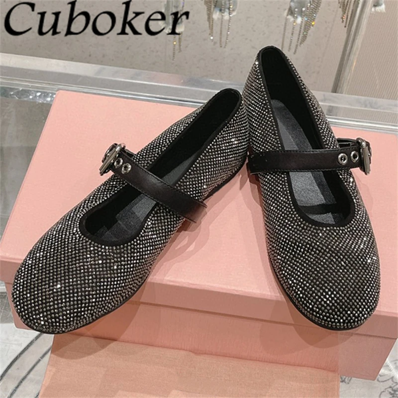 

2024 Summer Blingbling Crystal Ballet Flat Shoes Women Round Toe Bowknot Belt Buckle Loafers Shoes Elegant Dance Shoes Ladies