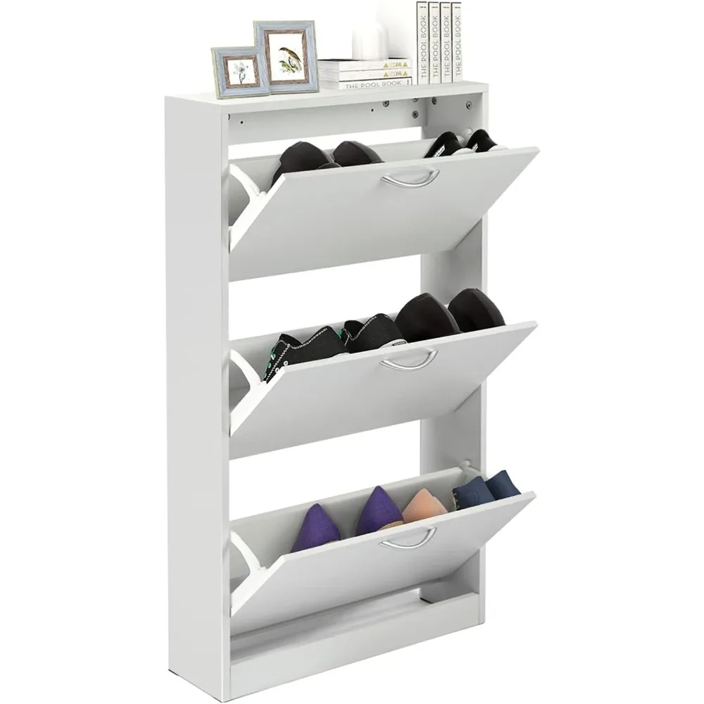 White Narrow Storage Cabinet Flip Down Shoe Rack Wood 3 Tier Shoe Organizer for Home and Apartment, Shoes Cabinets 2