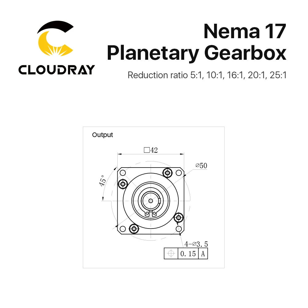 Cloudray Nema17 Planetary Gearbox HPS42 Motor Reducer Square With Ratio 5:1 10:1 16:1 20:1 25:1 5mm Input
