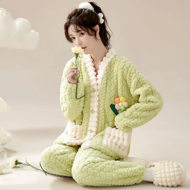 Women's Coral Velvet Pajamas Thick Home Clothing Sweet Cute Girls Autumn Winter Sleepwear Loose Oversize Flannel Loungewear Set