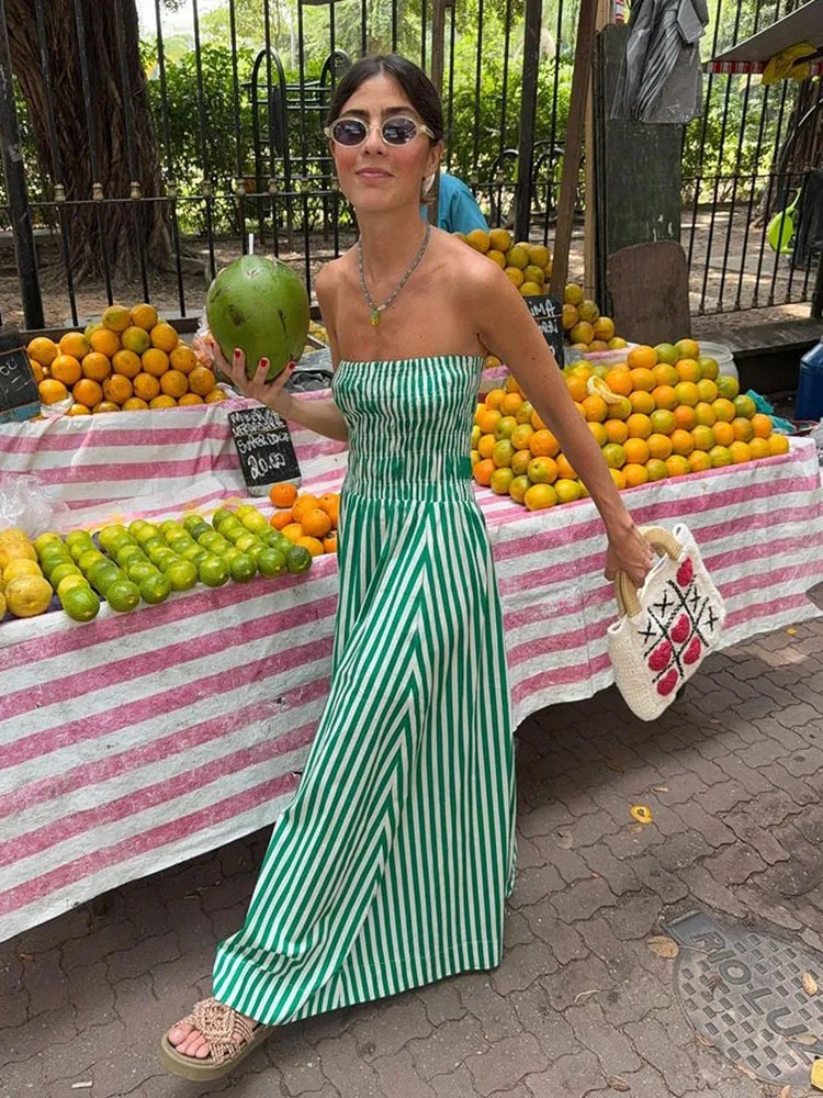 

2024 New Green Stripes Maxi Dress Women Tube Long Beach Dress Off Shoulder Backless Casual Fashion Summer Bust Elastic Dresses