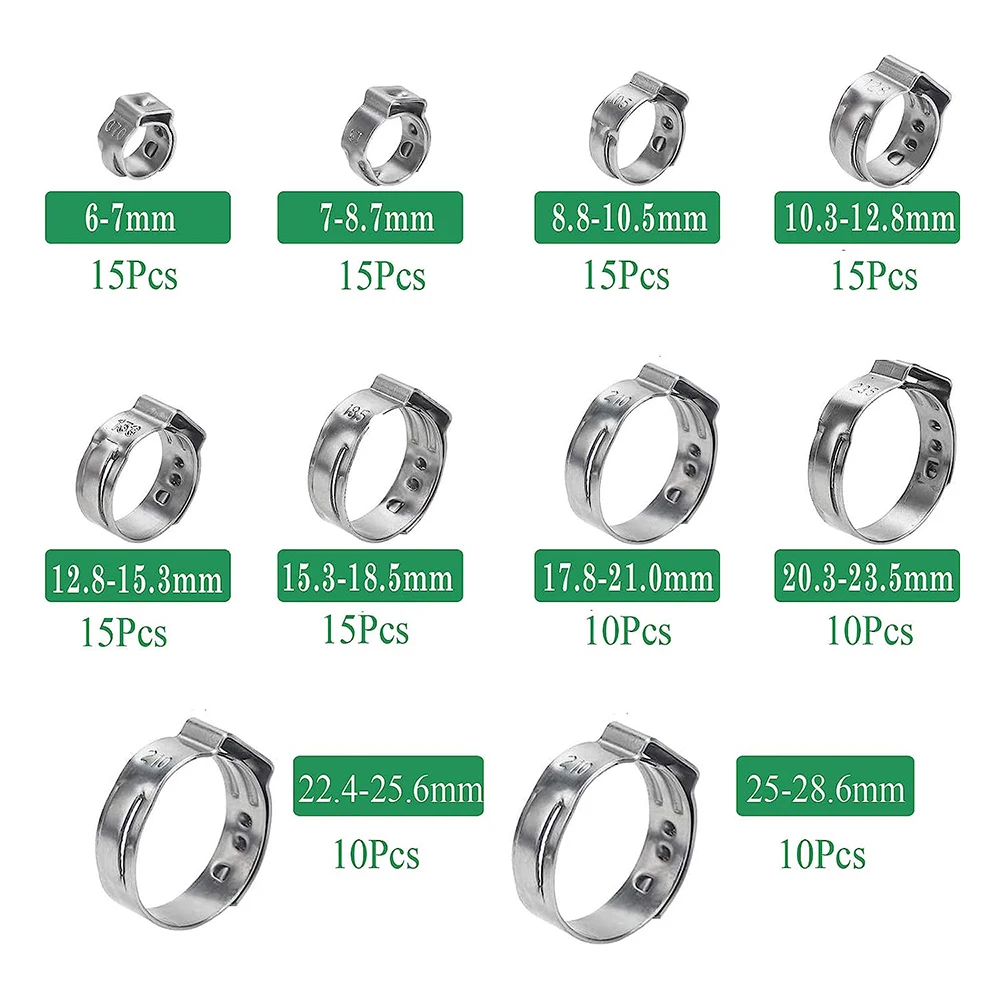131pcs 단일 이어 호스 클램프, 304 스테인레스 스틸 PEX 클램프, 파이프 피팅 용 무단 클램프, 압축 링 클램프10 크기