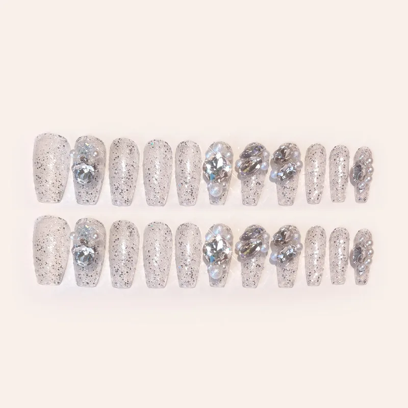 Description Picture 4 of item24Pcs Long False Nails Diamond Pearl Glitter Design Press on Nails Tips Art Fake Nails Forms Reusable Set Acrylic Artificial